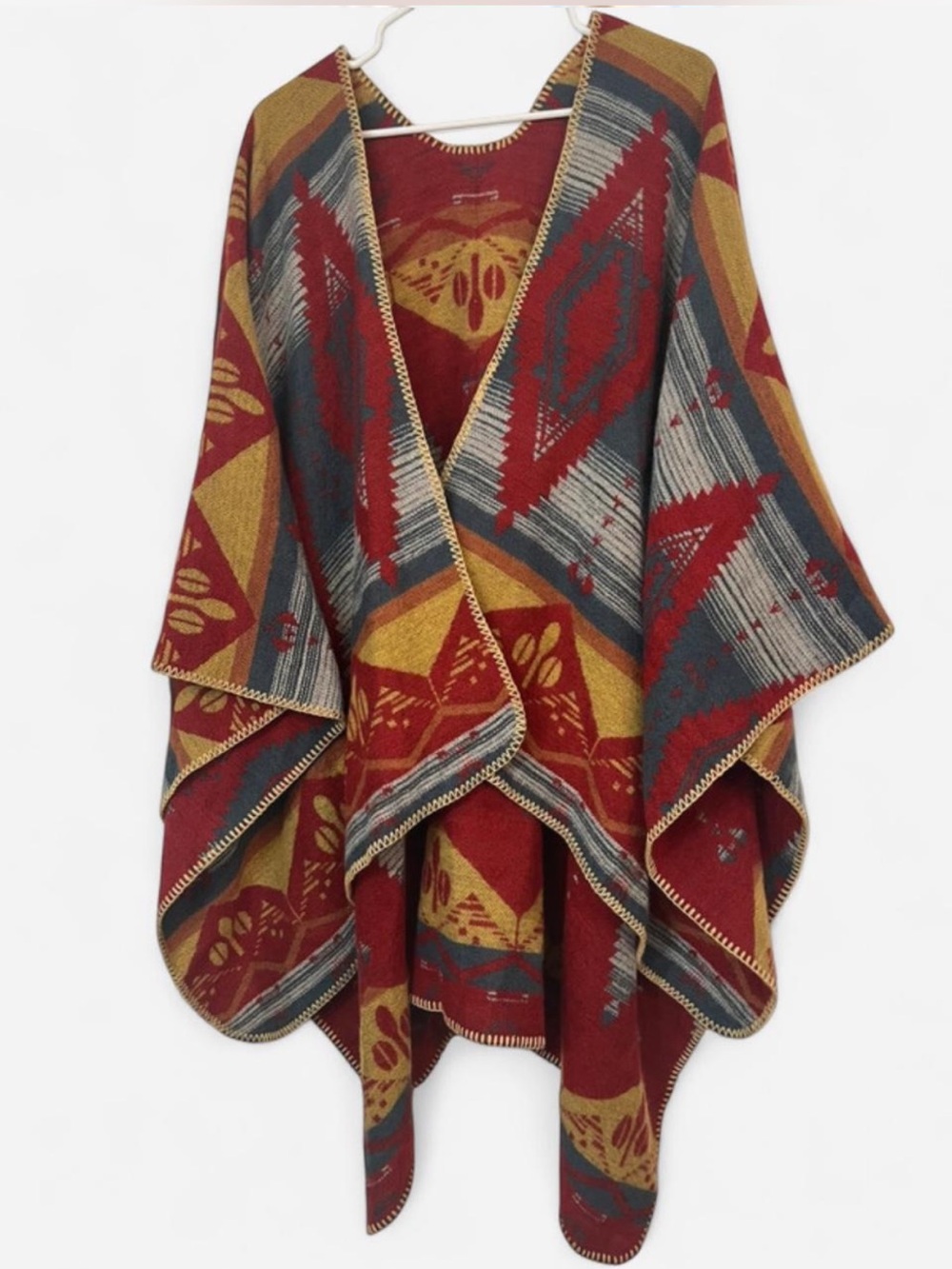 Aztec-Inspired Draped Poncho in Rust & Mustard